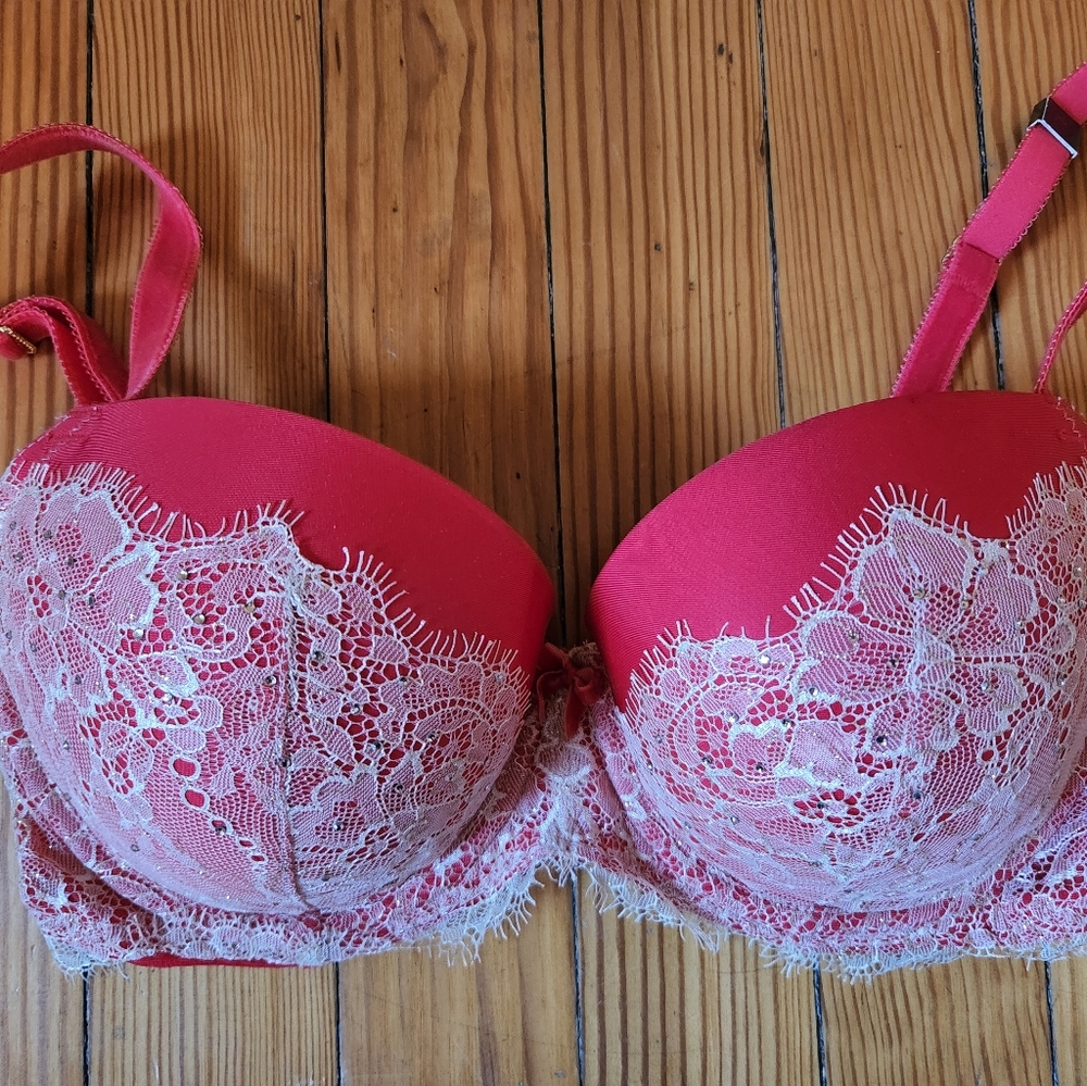 Red lace and rhinestones bra